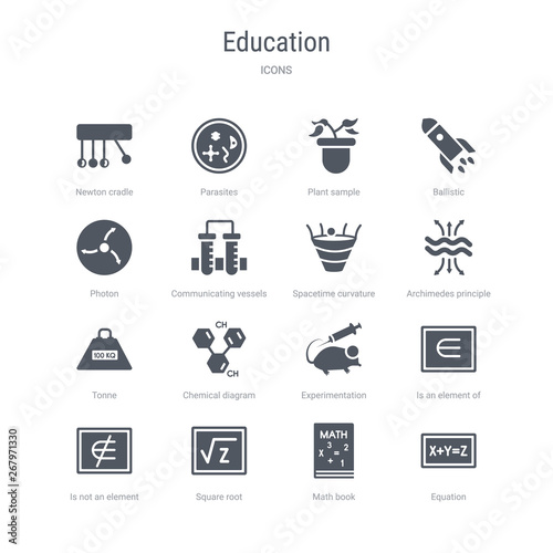 set of 16 vector icons such as equation, math book, square root, is not an element of, is an element of, experimentation, chemical diagram, tonne from education concept. can be used for web, logo,