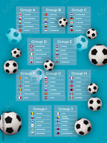 European football tournament qualification groups, 2020. Blue table with football balls and cup. 3D illustration.