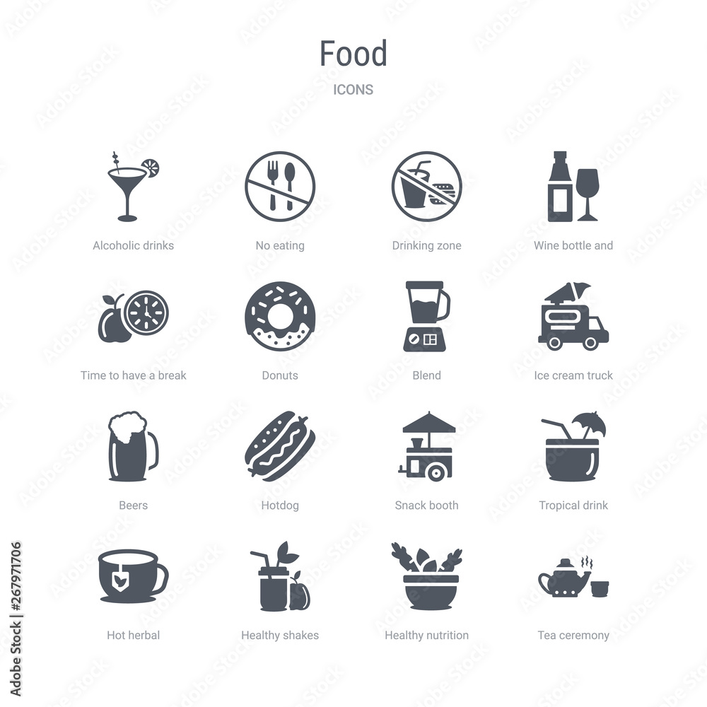 set of 16 vector icons such as tea ceremony, healthy nutrition, healthy shakes, hot herbal, tropical drink, snack booth, hotdog, beers from food concept. can be used for web, logo, ui\u002fux