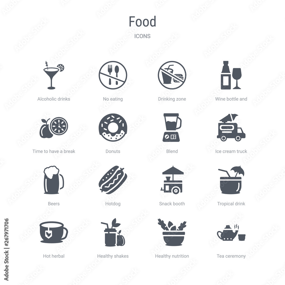 set of 16 vector icons such as tea ceremony, healthy nutrition, healthy shakes, hot herbal, tropical drink, snack booth, hotdog, beers from food concept. can be used for web, logo, ui\u002fux set of 16 vector icons such as tea ceremony, healthy nutrition, healthy shakes, hot herbal, tropical drink, snack booth, hotdog, beers from food concept. can be used for web, logo, ui\u002fux