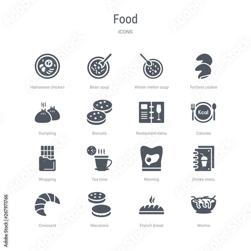 set of 16 vector icons such as worms, french bread, macarons, croissant, drinks menu, morning, tea time, wrapping from food concept. can be used for web, logo, ui\u002fux