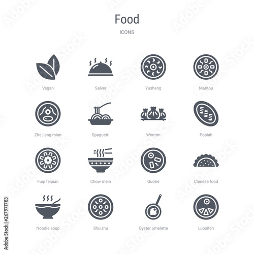 set of 16 vector icons such as luosifen, oyster omelette, shuizhu, noodle soup, chinese food, guotie, chow mein, fuqi feipian from food concept. can be used for web, logo, ui\u002fux