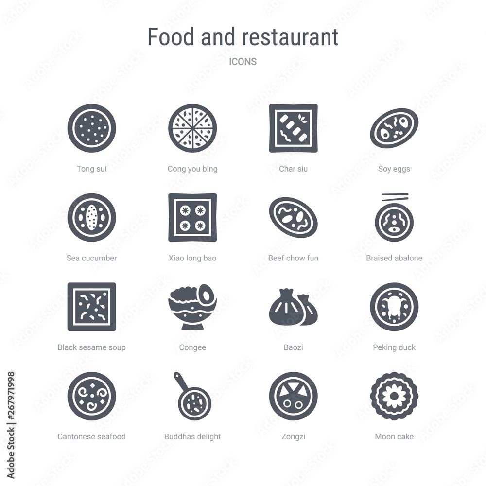 set of 16 vector icons such as moon cake, zongzi, buddhas delight, cantonese seafood soup, peking duck, baozi, congee, black sesame soup from food and restaurant concept. can be used for web, logo,
