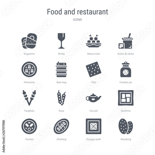 Fototapeta Naklejka Na Ścianę i Meble -  set of 16 vector icons such as shaobing, dongpo pork, zhaliang, youtiao, sachima, tea pot, soya, tanghulu from food and restaurant concept. can be used for web, logo, ui\u002fux