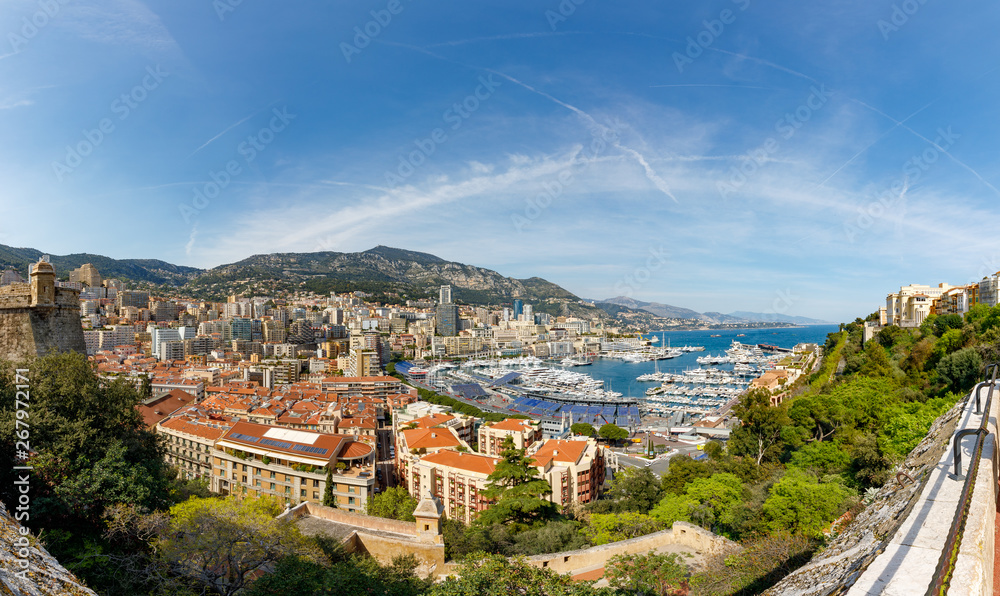 Very wide panorama of Monaco with tribunes for championship of race Formula One