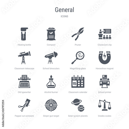 set of 16 vector icons such as grades scales, solar system planets, sniper gun target, papper cut scirssors, school printer, classroom calendar, alcohol burner, old typewriter from general concept.