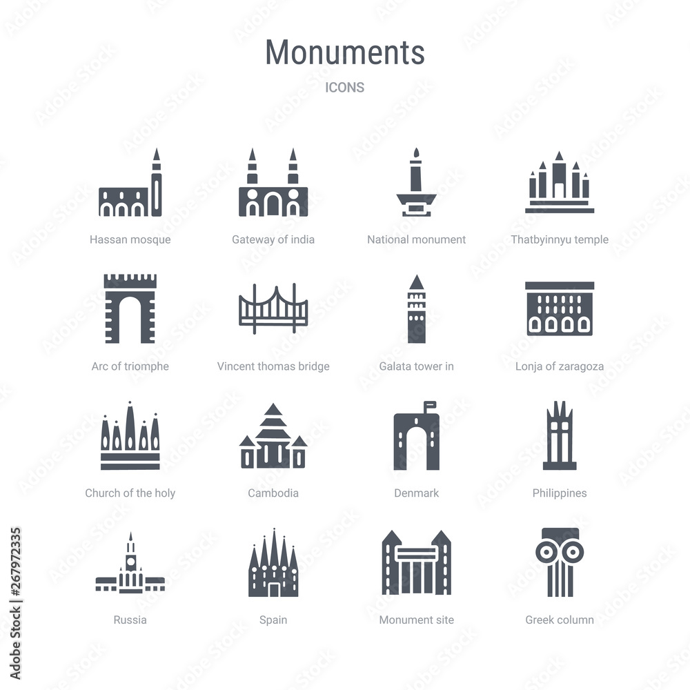set of 16 vector icons such as greek column, monument site, spain, russia, philippines, denmark, cambodia, church of the holy family from monuments concept. can be used for web, logo, ui\u002fux