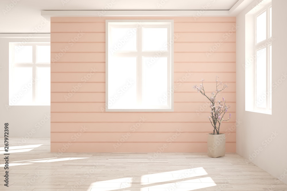 Fototapeta premium Empty room in coral color. Scandinavian interior design. 3D illustration
