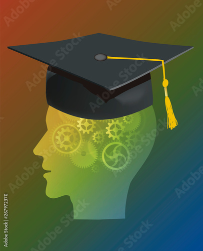 Graduate with  mortar board and gear .Illustration of stylized man silhouette symbolized graduate. Vector available.