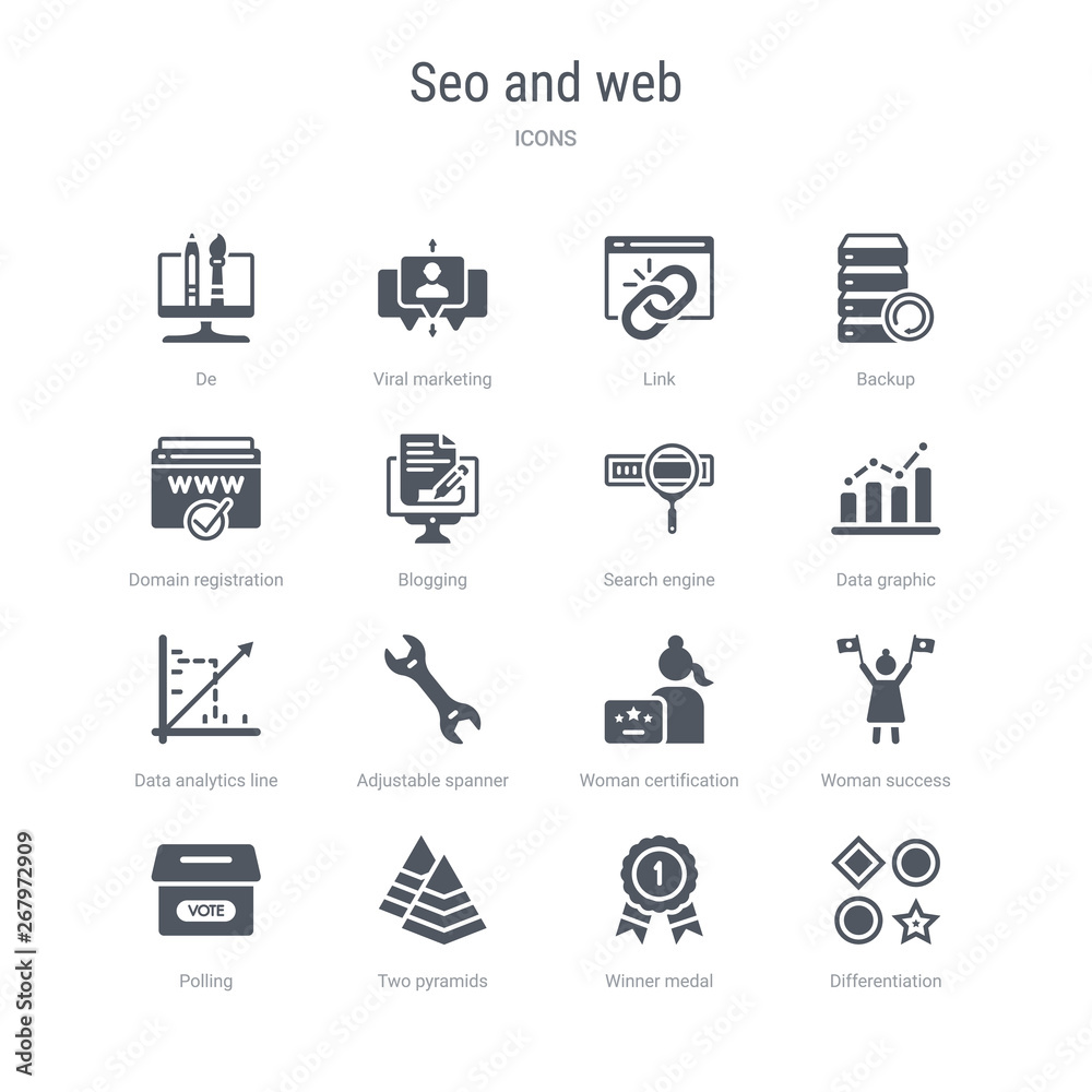 set of 16 vector icons such as differentiation, winner medal, two pyramids, polling, woman success, woman certification, adjustable spanner, data analytics line graphic from seo and web concept. can set of 16 vector icons such as differentiation, winner medal, two pyramids, polling, woman success, woman certification, adjustable spanner, data analytics line graphic from seo and web concept. can