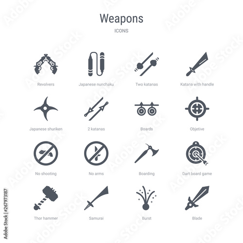 set of 16 vector icons such as blade, burst, samurai, thor hammer, dart board game, boarding, no arms, no shooting from weapons concept. can be used for web, logo, ui\u002fux