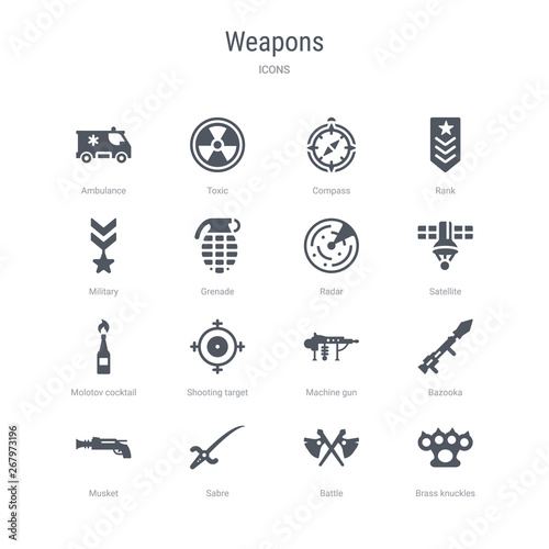 set of 16 vector icons such as brass knuckles, battle, sabre, musket, bazooka, machine gun, shooting target, molotov cocktail from weapons concept. can be used for web, logo, ui\u002fux