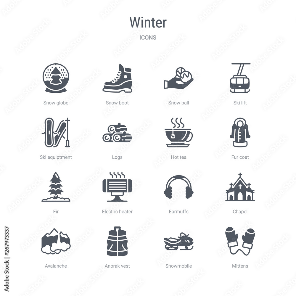 set of 16 vector icons such as mittens, snowmobile, anorak vest, avalanche, chapel, earmuffs, electric heater, fir from winter concept. can be used for web, logo, ui\u002fux set of 16 vector icons such as mittens, snowmobile, anorak vest, avalanche, chapel, earmuffs, electric heater, fir from winter concept. can be used for web, logo, ui\u002fux