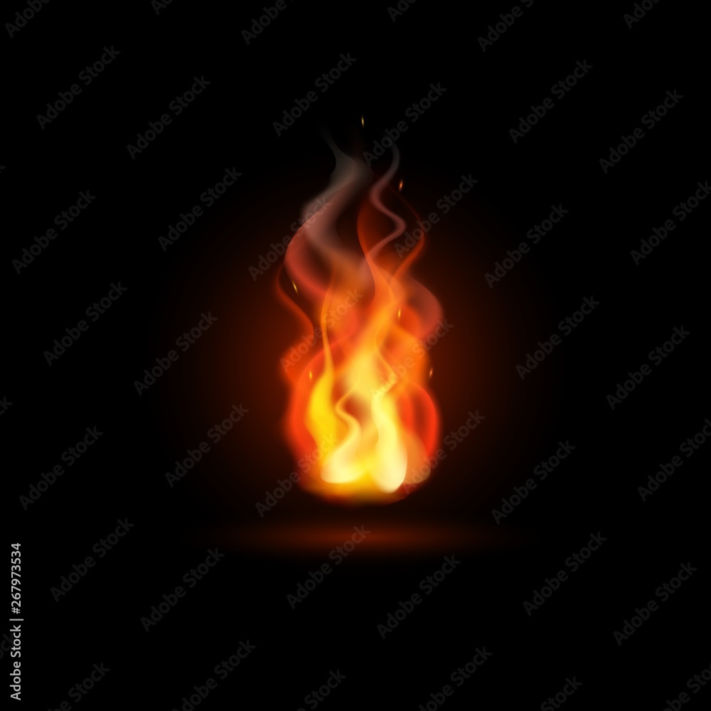 Vector realistic illustration of burning bonfire, flame at night. Campfire light icon isolated on black background for web, print, decoration, bonfire night, Saint John. Vector realistic illustration of burning bonfire, flame at night. Campfire light icon isolated on black background for web, print, decoration, bonfire night, Saint John.