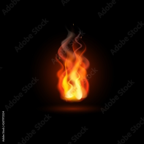 Vector realistic illustration of burning bonfire, flame at night. Campfire light icon isolated on black background for web, print, decoration, bonfire night, Saint John.