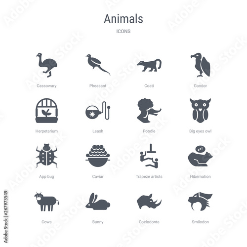 set of 16 vector icons such as smilodon, coelodonta, bunny, cows, hibernation, trapeze artists, caviar, app bug from animals concept. can be used for web, logo, ui\u002fux