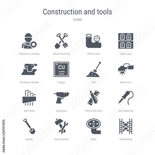 set of 16 vector icons such as scaffolding, drain, improvement, spade, iron soldering, pencil and ruler, caulk gun, allen keys from construction and tools concept. can be used for web, logo,