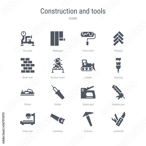 set of 16 vector icons such as jackknife, pickaxe, handsaw, chop saw, sealant gun, staple gun, solder, planer from construction and tools concept. can be used for web, logo, ui\u002fux