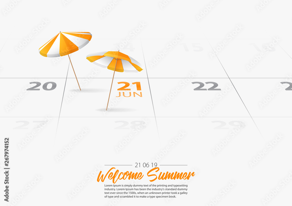Summer Holiday. 2 orange wooden beach umbrella on the beach. Orang parasol  marked date Summer season start on calendar 21th June 2019. Summer vacation  concepts. Vector Illustration. Stock Vector | Adobe Stock