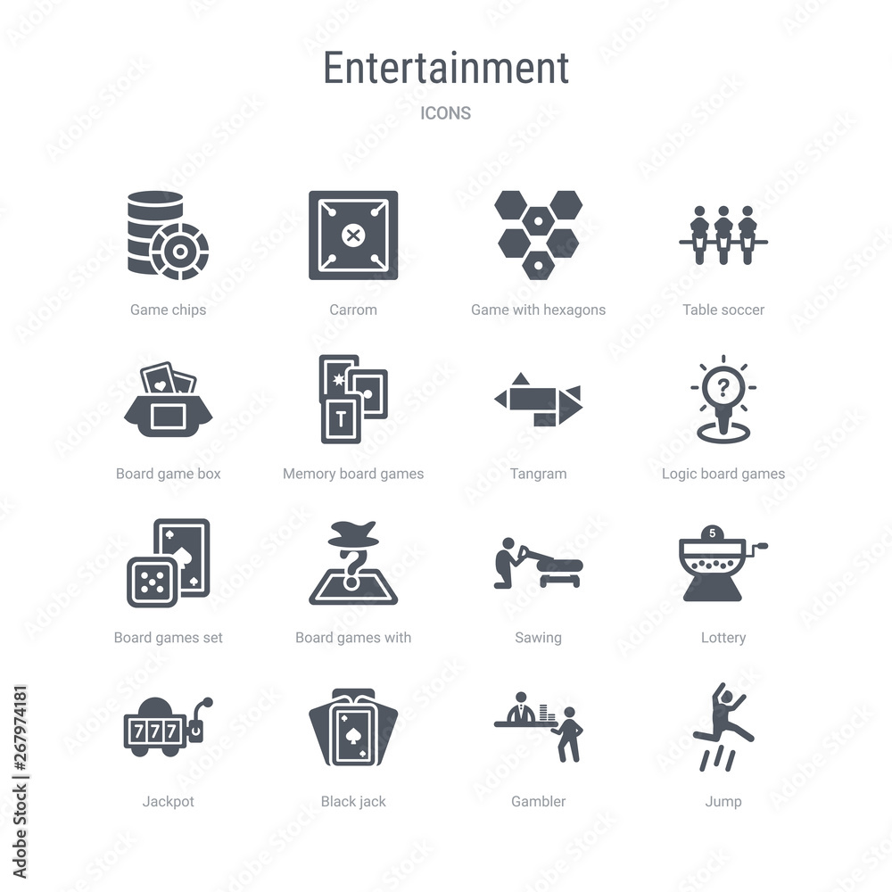 set of 16 vector icons such as jump, gambler, black jack, jackpot, lottery, sawing, board games with roles, board games set from entertainment concept. can be used for web, logo, ui\u002fux
