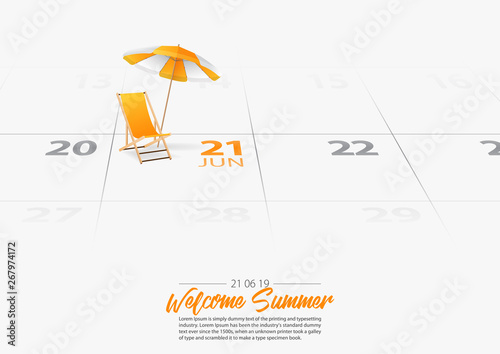 Summer Holiday. Wooden beach chair with beach umbrella on the beach. Deckchair and orang umbrella marked date Summer season start on calendar 21th June 2019. Summer vacation concept. Vector.
