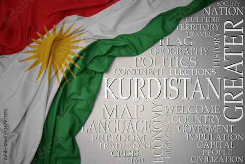 waving colorful national flag of kurdistan on a gray background with important words about country