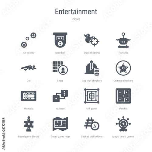 set of 16 vector icons such as magic board games, snakes and ladders, board game map, board game blocks, parchis, mill game, yahtzee, mancala from entertainment concept. can be used for web, logo,