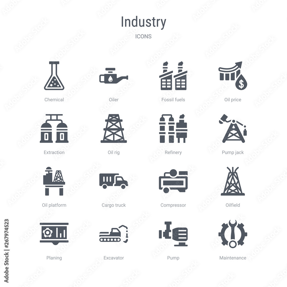 set of 16 vector icons such as maintenance, pump, excavator, planing, oilfield, compressor, cargo truck, oil platform from industry concept. can be used for web, logo, ui\u002fux