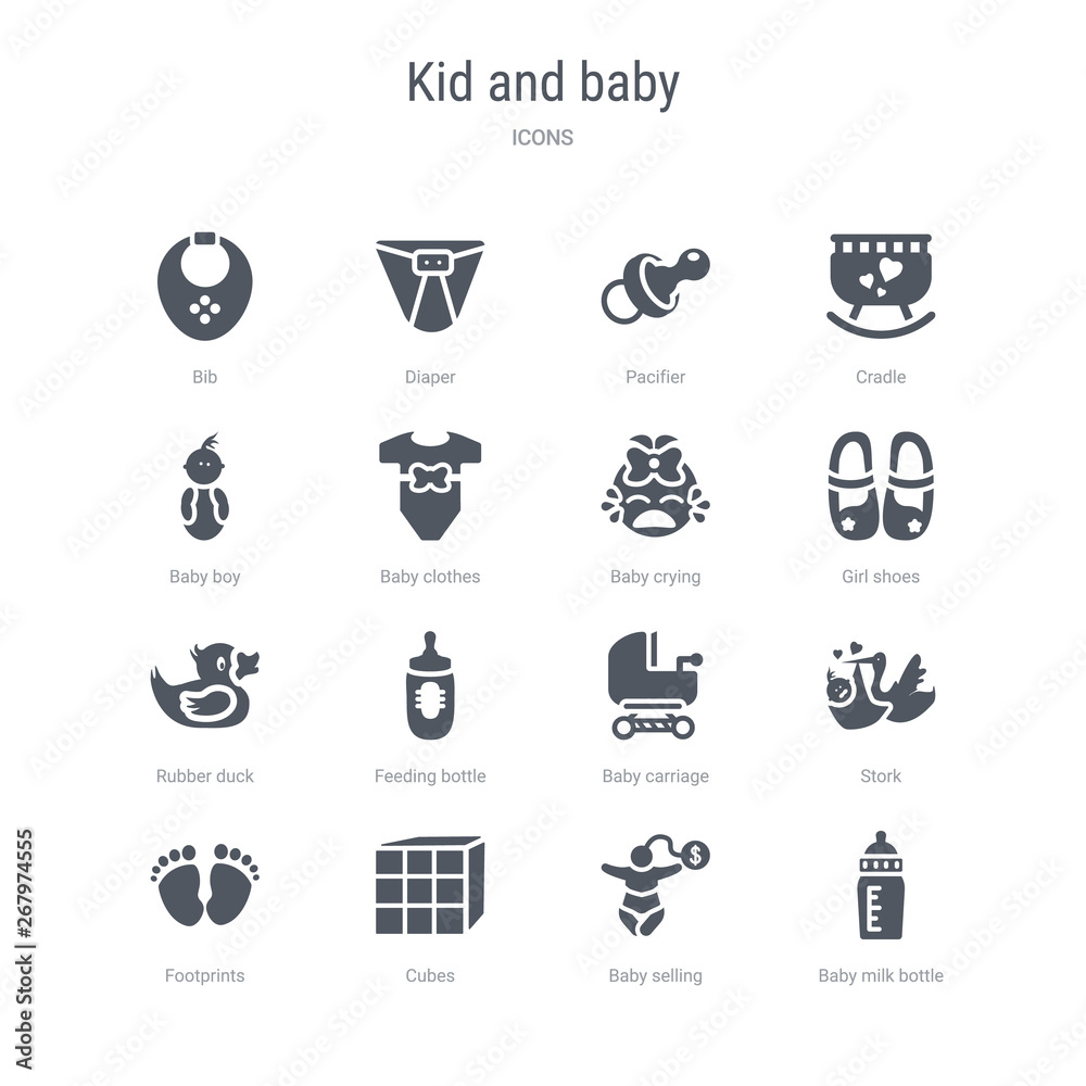 set of 16 vector icons such as baby milk bottle, baby selling, cubes, footprints, stork, baby carriage, feeding bottle, rubber duck from kid and concept. can be used for web, logo, ui\u002fux