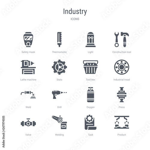 set of 16 vector icons such as product, task, welding, valve, press, oxygen, drill, weld from industry concept. can be used for web, logo, ui\u002fux