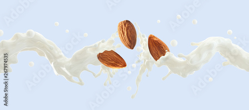 Fresh natural almond milk splash swirl with almonds isolated. Healthy splashing almonds milk or milkshake, almond seeds, yogurt splash. Organic vegan liquid splash dairy commercial.  3D