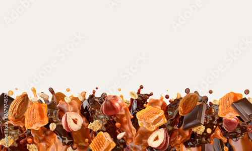 Liquid dark chocolate, sweet caramel sauce swirls splashes twisted, almonds, hazelnuts, cereals. Сombination of caramel, chocolate hazelnuts almonds flavors. Banner design with copy space. 3D render
