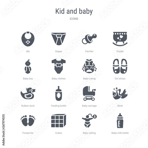 set of 16 vector icons such as baby milk bottle  baby selling  cubes  footprints  stork  baby carriage  feeding bottle  rubber duck from kid and concept. can be used for web  logo  ui u002fux