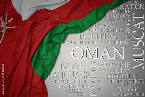 waving colorful national flag of oman on a gray background with important words about country