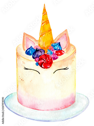 Cute magic unicorn cake (pie). Watercolor illustration. Isolated on a white background.