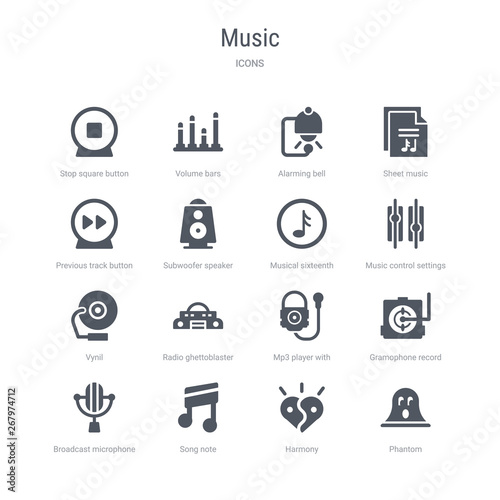 set of 16 vector icons such as phantom, harmony, song note, broadcast microphone, gramophone record, mp3 player with headphones, radio ghettoblaster, vynil from music concept. can be used for web,