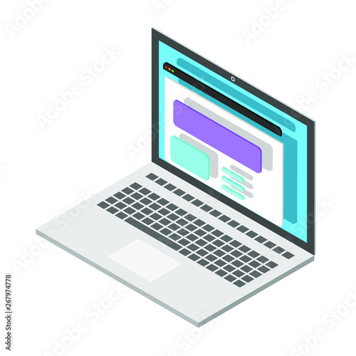 Isometric UXUI development website with modern laptop vector illustration