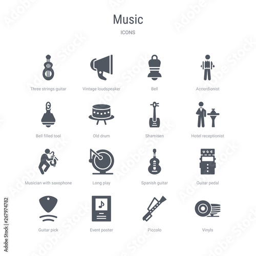 set of 16 vector icons such as vinyls, piccolo, event poster, guitar pick, guitar pedal, spanish guitar, long play, musician with saxophone from music concept. can be used for web, logo, ui\u002fux
