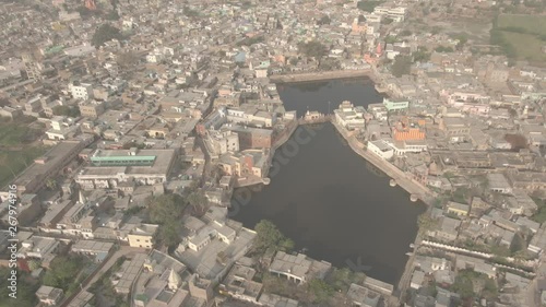 Radha Kund, U.P., India, sacred place, 4k aerial drone ungraded/flat photo