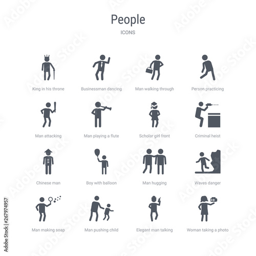 set of 16 vector icons such as woman taking a photo, elegant man talking through phone, man pushing child, man making soap bubbles, waves danger, hugging, boy with balloon, chinese from people