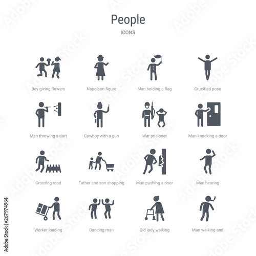 set of 16 vector icons such as man walking and smoking, old lady walking, dancing man, worker loading, man hearing, pushing a door with his body, father and son shopping, crossing road from people
