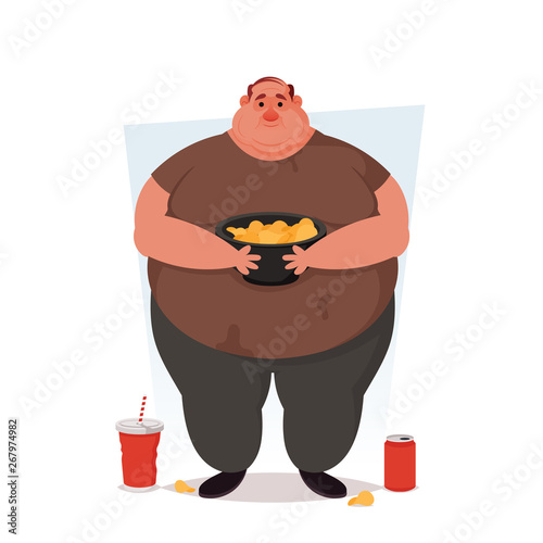 Chubby Character Holding a Bowl with Chips. Cartoon Style. Vector Illustration