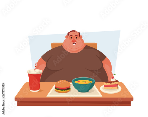 Chubby Character Sitting at the Table with a Lot of Tasty Food. Cartoon Stye. Vector Illustration
