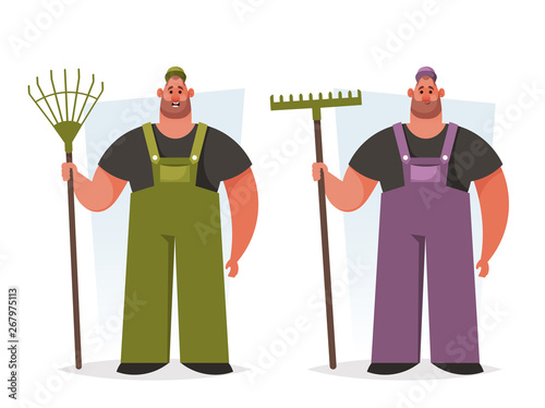 Strong Worker with Rake. Cartoon Style. Vector Illustration