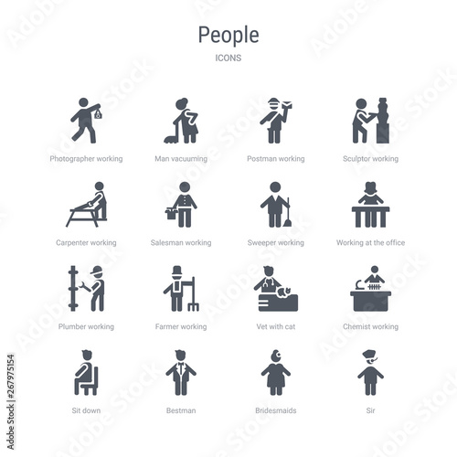 set of 16 vector icons such as sir, bridesmaids, bestman, sit down, chemist working, vet with cat, farmer working, plumber working from people concept. can be used for web, logo, ui\u002fux