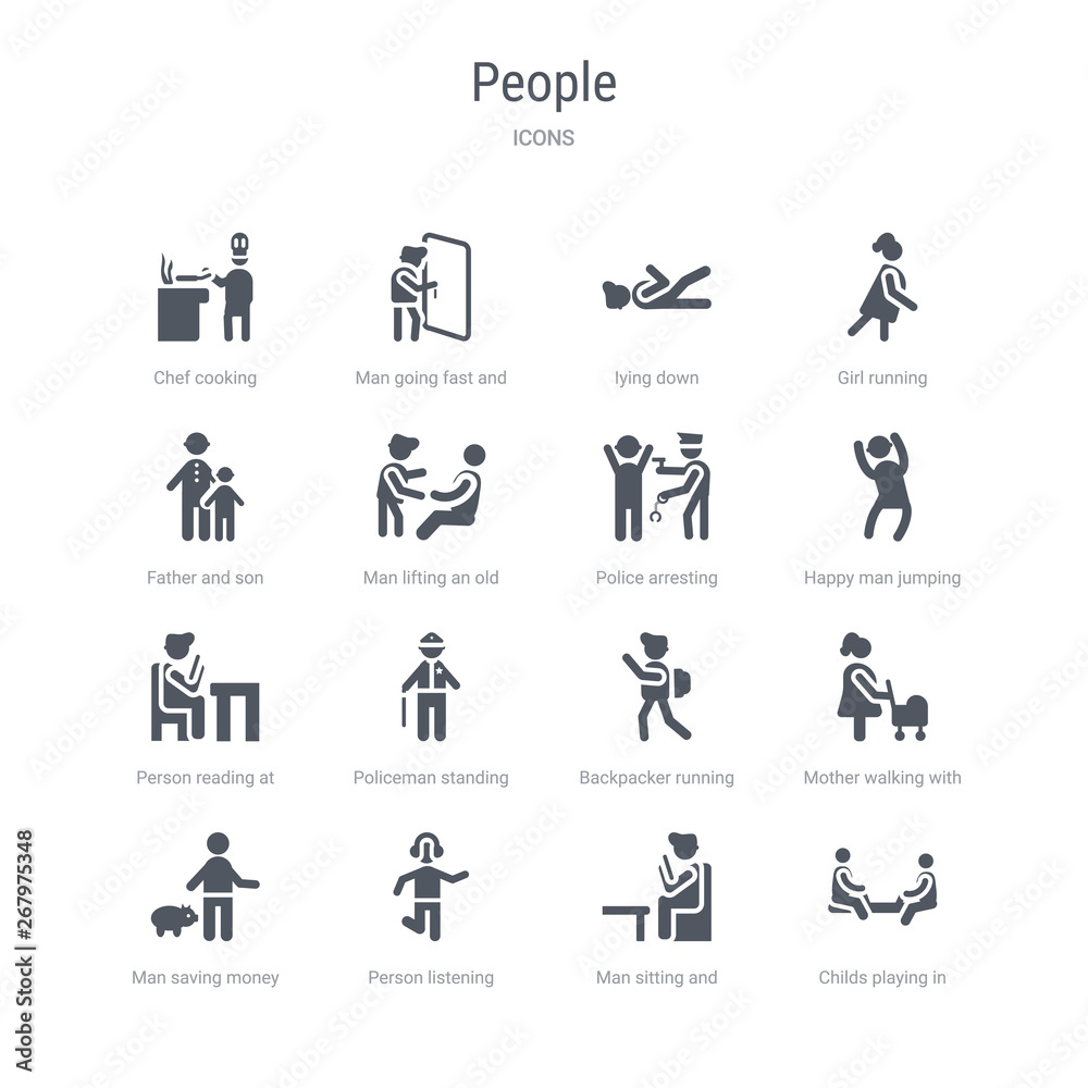 set of 16 vector icons such as childs playing in playgrpound, man sitting and reading book, person listening, man saving money, mother walking with baby stroller, backpacker running, policeman set of 16 vector icons such as childs playing in playgrpound, man sitting and reading book, person listening, man saving money, mother walking with baby stroller, backpacker running, policeman