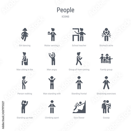 set of 16 vector icons such as gossip, give flower, climbing sport, standing up man, stretching exercises, standing frontal man, man standing with arms up, person walking from people concept. can be