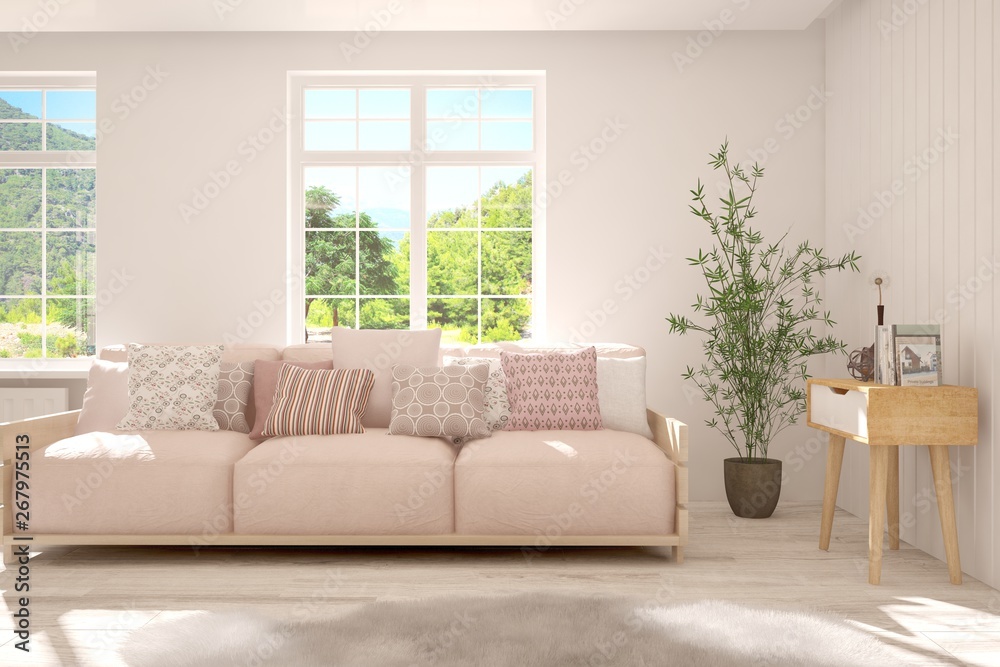 Stylish room in white color with sofa and summer landscape in window. Scandinavian interior design. 3D illustration Stylish room in white color with sofa and summer landscape in window. Scandinavian interior design. 3D illustration