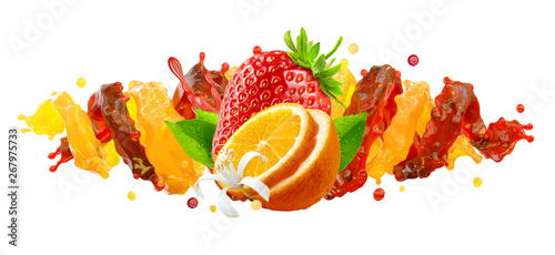 Fototapeta Naklejka Na Ścianę i Meble -  Healthy strawberry and orange fruit juices liquid splashes. Fruits juice splashing together - orange, strawberry juice in two colorful splashes. Liquid drink label design element. 3D