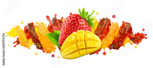 Healthy srawberry and mango fruit juices mix liquid swirls splashes. Fruits juice splashing together - mango, strawberry juice in two wave swirls form. Liquid drink label design. 3D photo